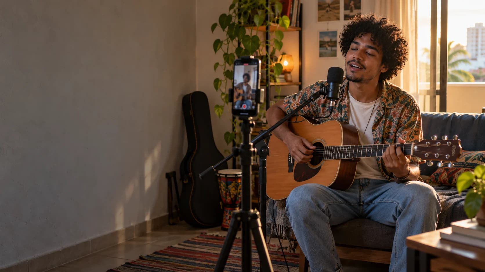Criador gravando música com violão e celular no tripé